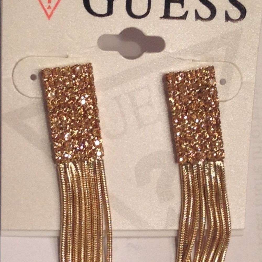 New Guess gold metal- Rhinestone linear earrings
